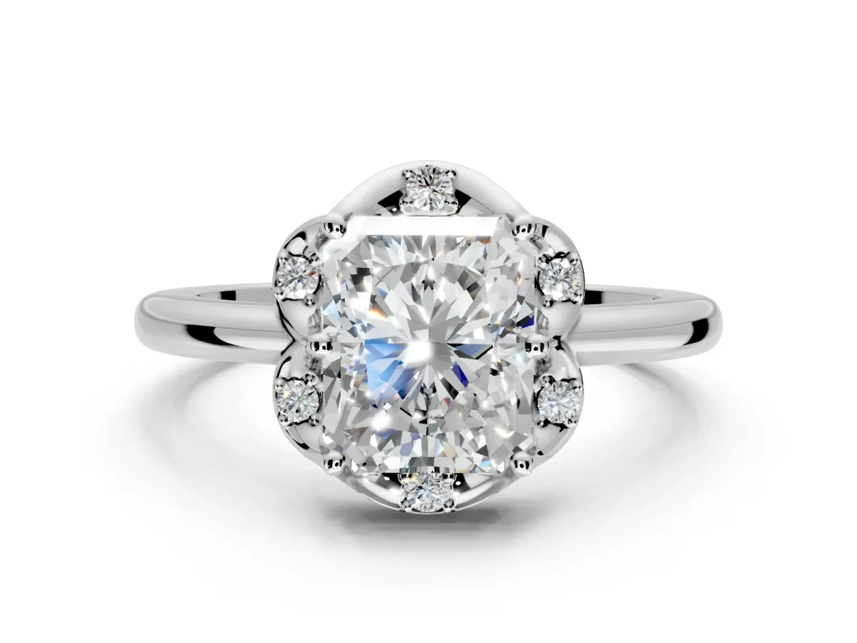 Floral Frame Engagement Ring Setting for Radiant Cut Center with Accent Clusters and Prong Head in Platinum