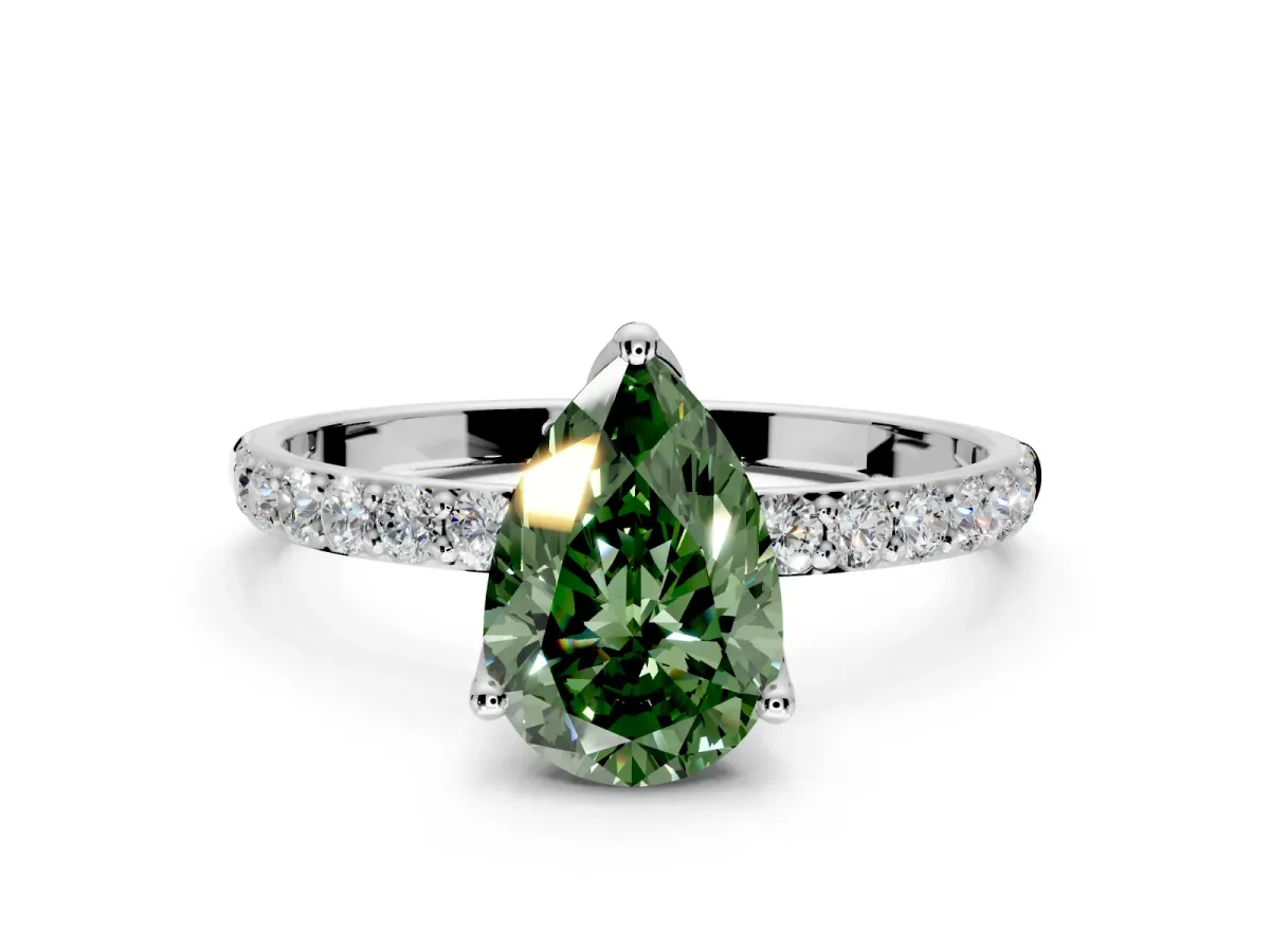Solitaire Engagement Ring Setting for Fancy Green Pear-Shaped Center with Fine Pave Accents and Prong Head in Platinum