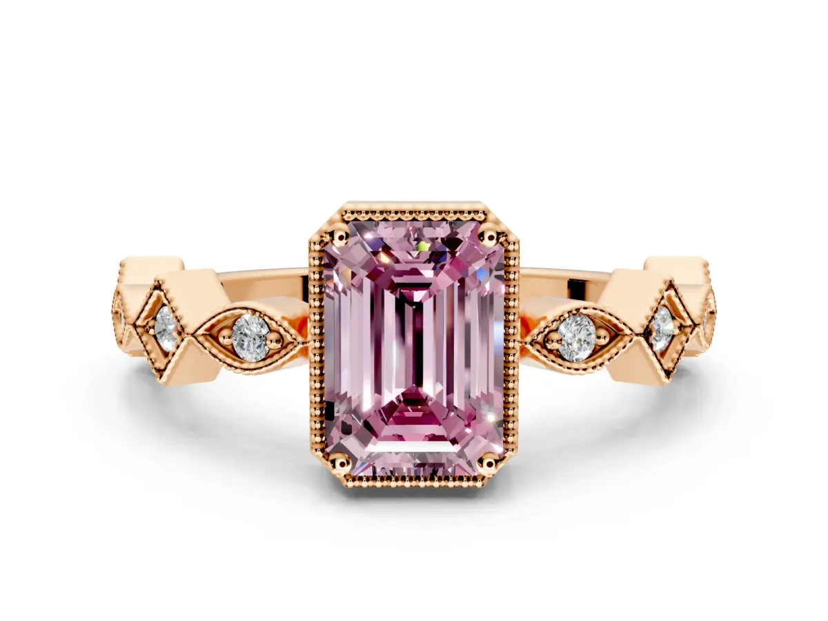 Milgrain Bezel Engagement Ring Setting for Fancy Pink Emerald Cut Center with Marquise Stations and Bezel Head in Rose Gold