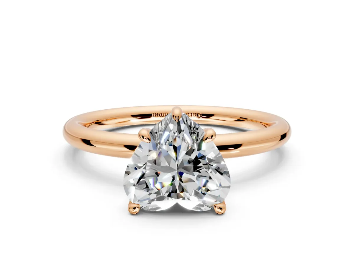 Hidden Halo Engagement Ring Setting for Heart-Shaped Center with Thin Rounded Band and Prong Head in Rose Gold