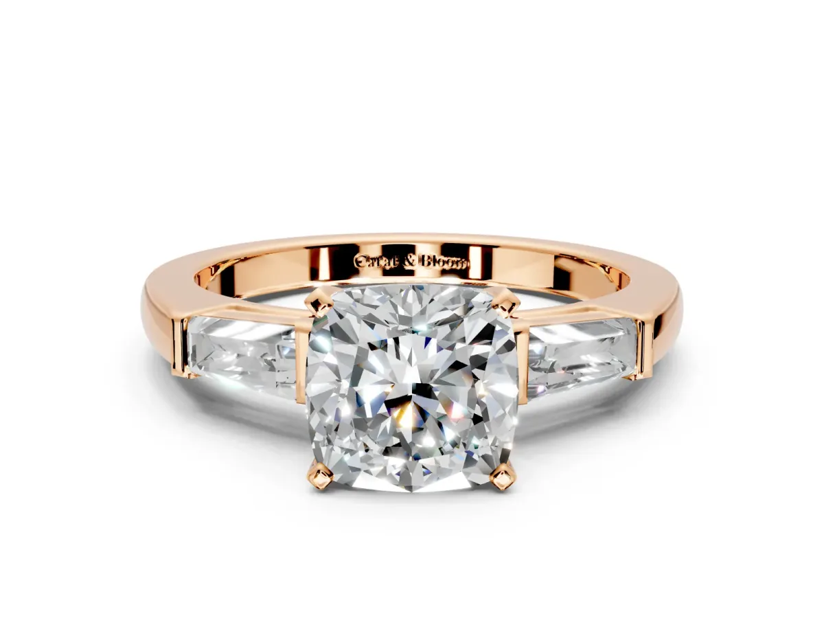 3 Stone Engagement Ring Setting for Cushion Cut Center with Tapered Baguettes, Plain Band and Prong Head in Rose Gold