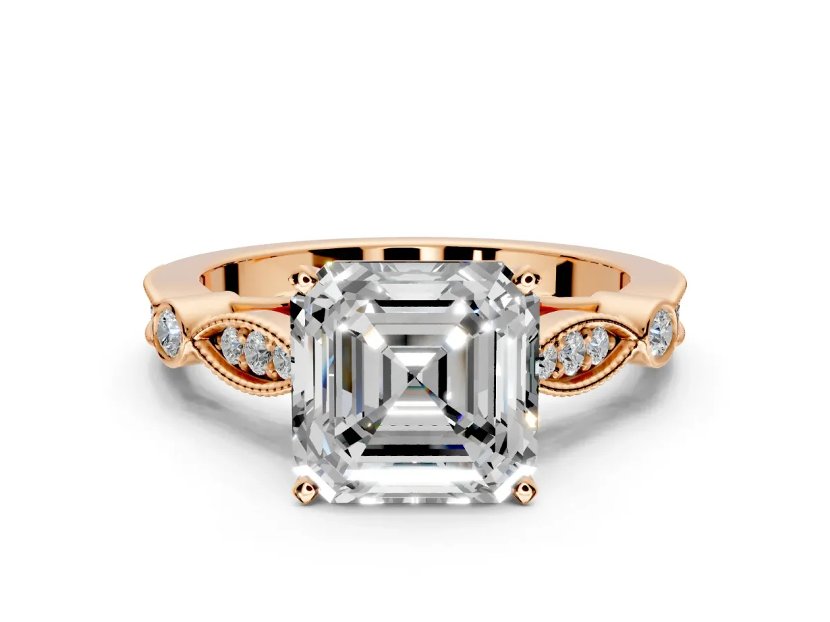 Solitaire Engagement Ring Setting for Asscher Cut Center with Marquise and Bezel Accents and Prong Head in Rose Gold