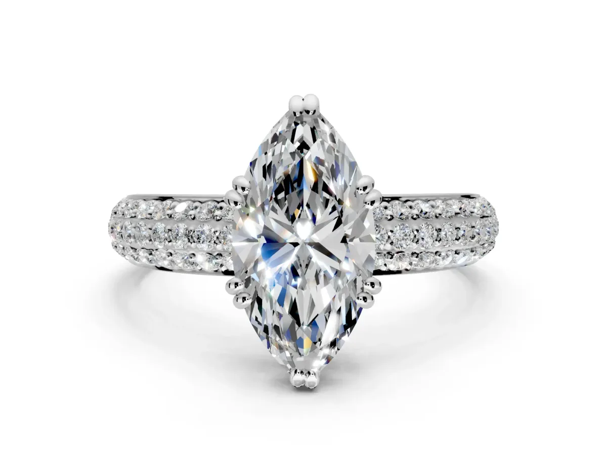 Solitaire Engagement Ring Setting for Marquise Center with Multi-Row Pave Accents and Basket Head in Sterling Silver