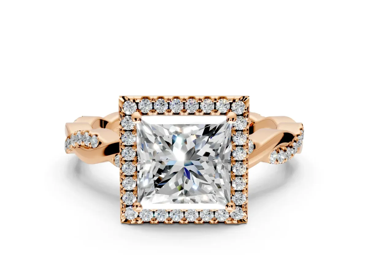 Halo Engagement Ring Setting for Princess Cut Center with Pave and Plain Twist Band and Prong Head in Rose Gold