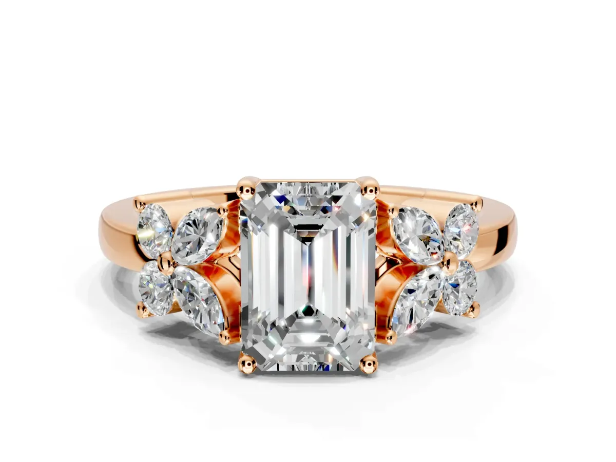Floral Engagement Ring Setting for Emerald Cut Center with Marquise Cluster Shoulders and Prong Head in Rose Gold