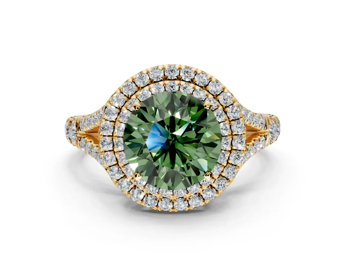 Double Halo Engagement Ring Setting for Fancy Green Round Cut Center with Narrow Pave Split Shank and Prong Head in Yellow Gold