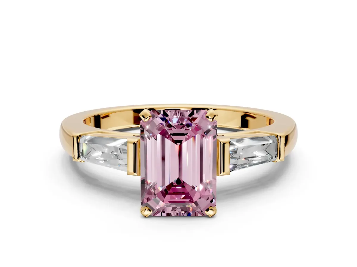 3 Stone Engagement Ring Setting for Fancy Pink Emerald Cut Center with Tapered Baguettes, Plain Band and Prong Head in Yellow Gold