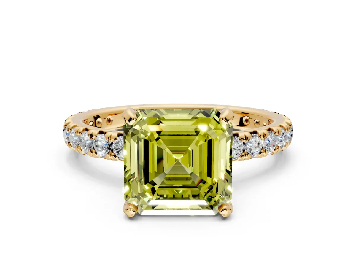 Solitaire Engagement Ring Setting for Fancy Yellow Asscher Cut Center with Shared-Prong Accents and Prong Head in Yellow Gold