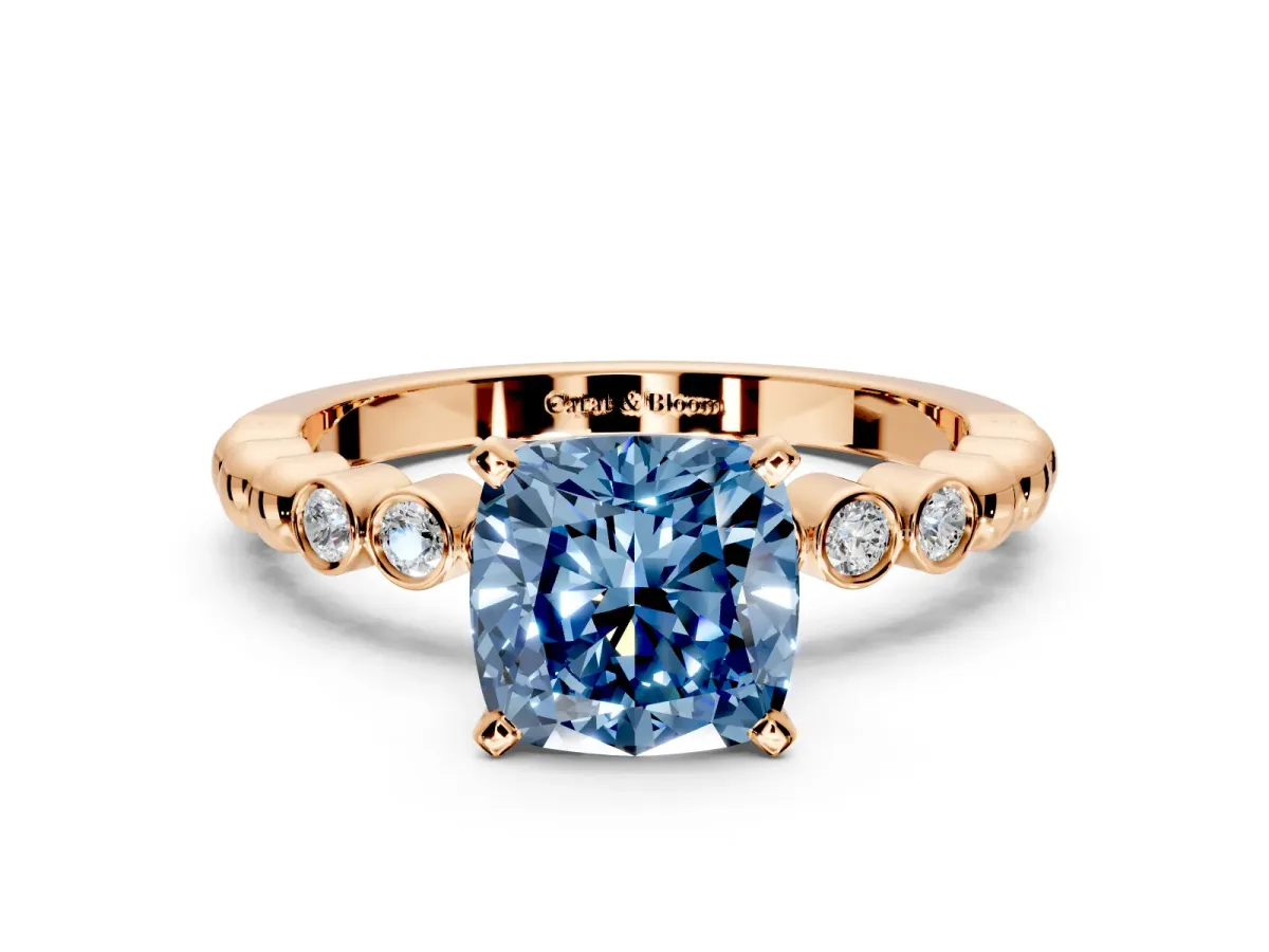 Solitaire Engagement Ring Setting for Fancy Blue Cushion Cut Center with Bezel-Dot Beaded Band and Prong Head in Rose Gold