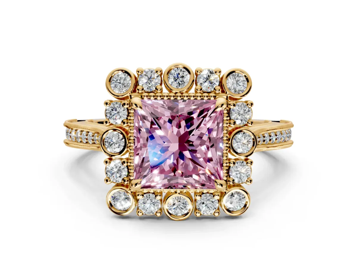 Milgrain Halo Engagement Ring Setting for Fancy Pink Princess Cut Center with Bezel Point Accents and Prong Head in Yellow Gold