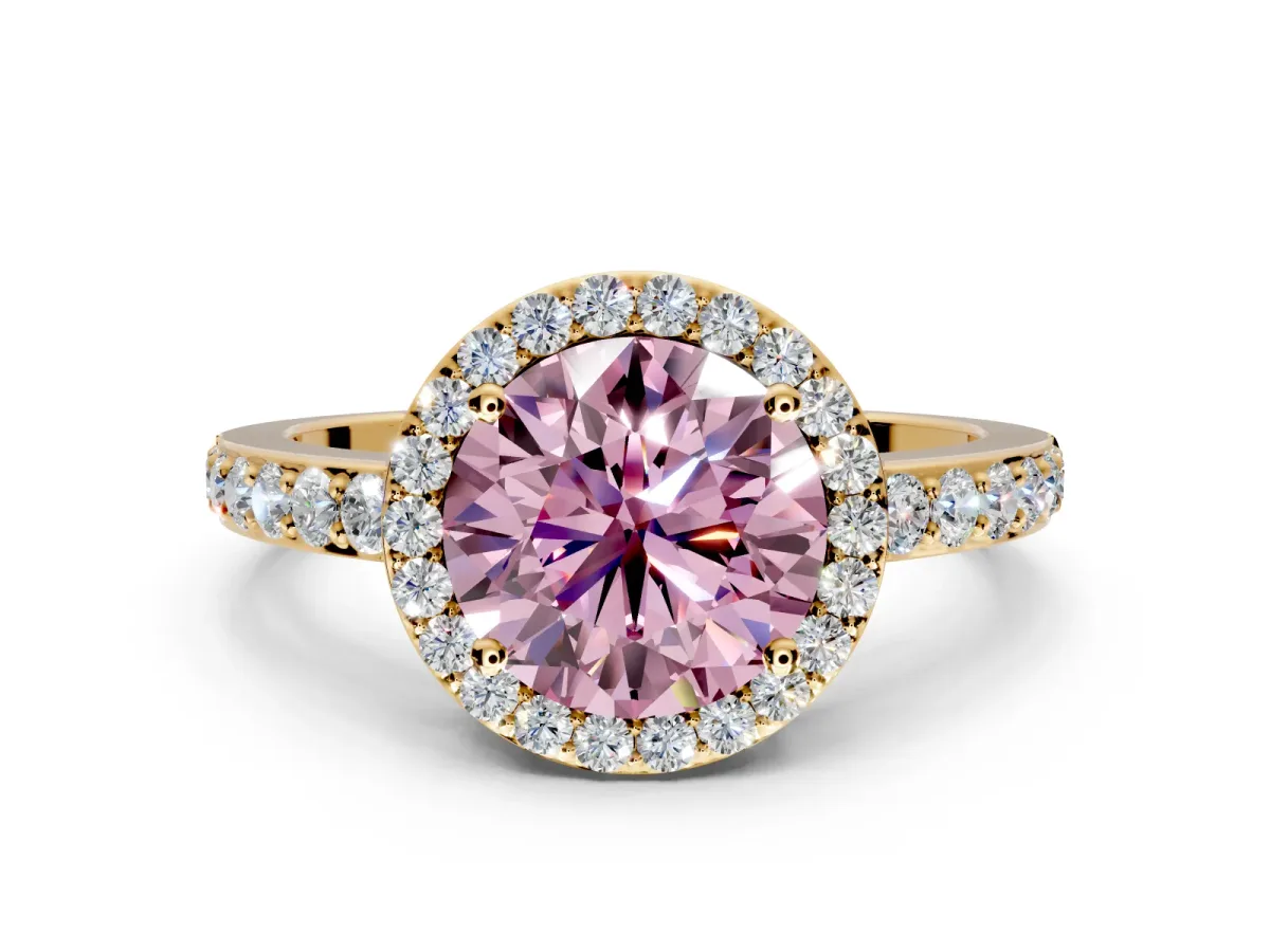 Halo Engagement Ring Setting for Fancy Pink Round Cut Center with Heart-Shaped Openwork, Pave Band and Prong Head in Yellow Gold