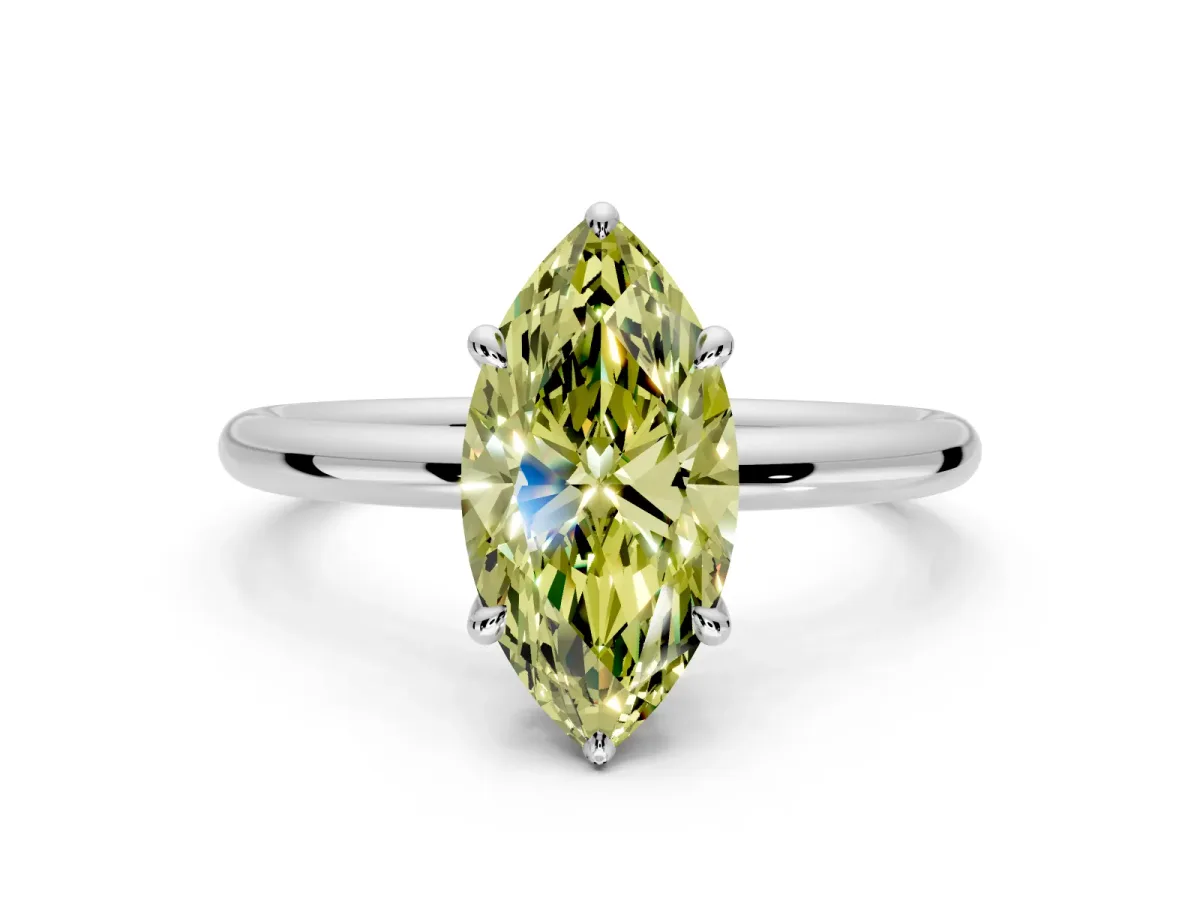 Hidden Halo Engagement Ring Setting for Fancy Yellow Marquise Center with Thin Rounded Band and Prong Head in Platinum