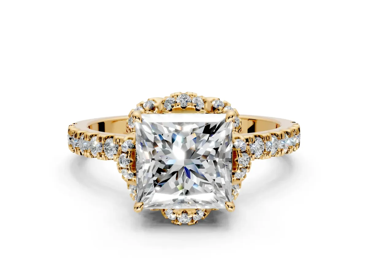 Halo Engagement Ring Setting for Princess Cut Center with Openwork Halo, Pave Band and Prong Head in Yellow Gold