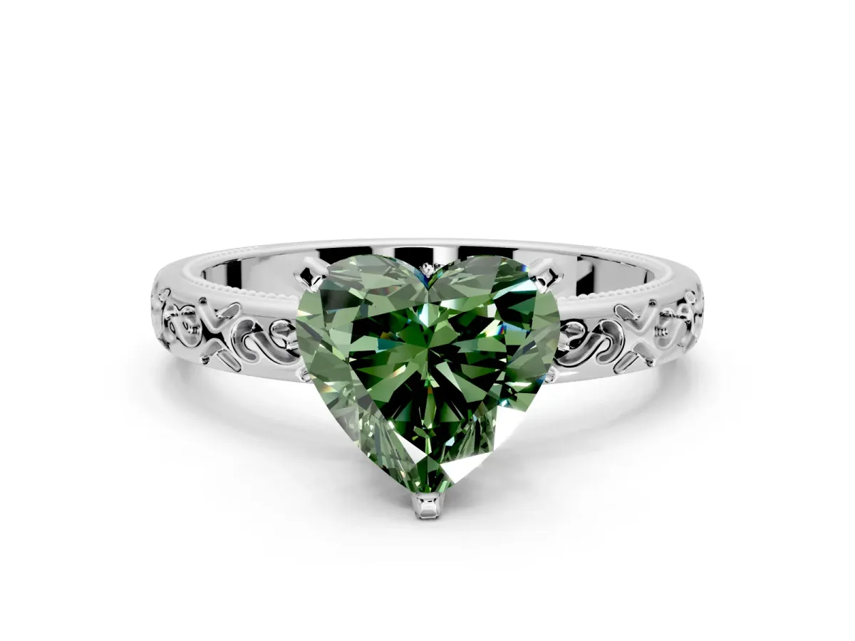 Solitaire Engagement Ring Setting for Fancy Green Heart-Shaped Center with Scrollwork Band and Prong Head in Platinum