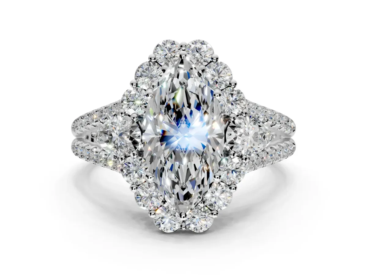 Halo Engagement Ring Setting for Marquise Center with Two-Strand Split Shank and Prong Head in White Gold