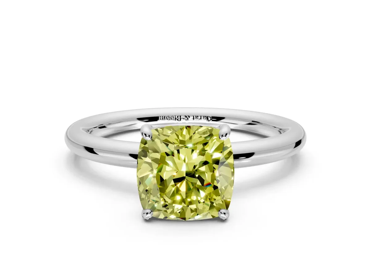 Low-Set Solitaire Engagement Ring Setting for Fancy Yellow Cushion Cut Center with Thin Plain Band and Prong Head in Sterling Silver