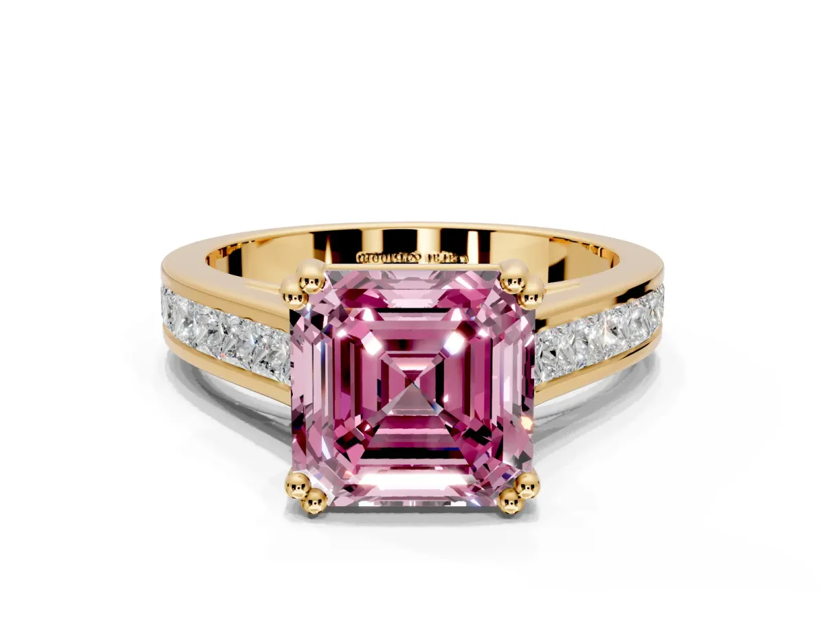 Solitaire Engagement Ring Setting for Fancy Pink Asscher Cut Center with Channel Band and Double Claw Prong Head in Yellow Gold