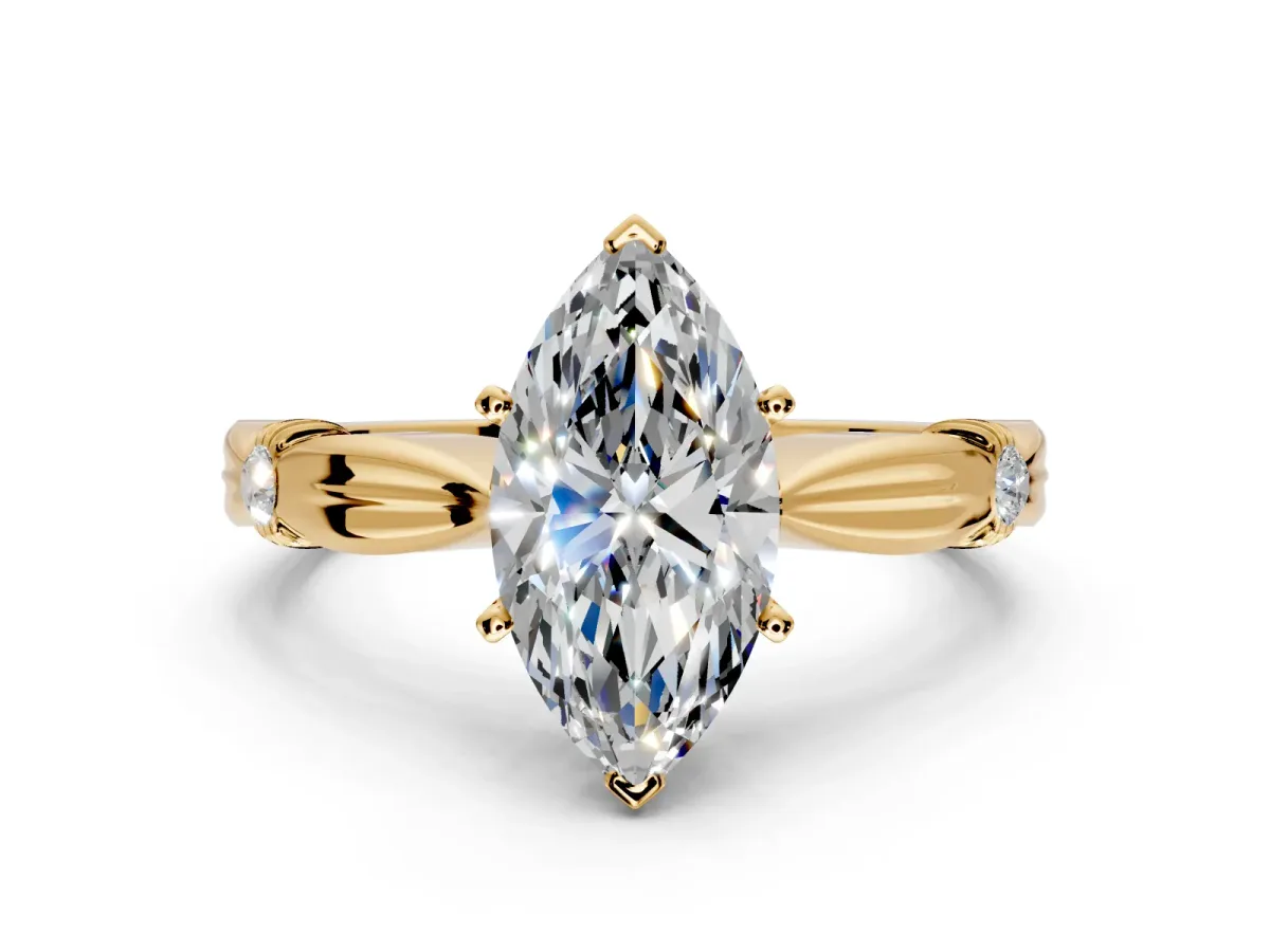 Solitaire Engagement Ring Setting for Marquise Center with Carved Leaf Shoulders and Prong Head in Yellow Gold