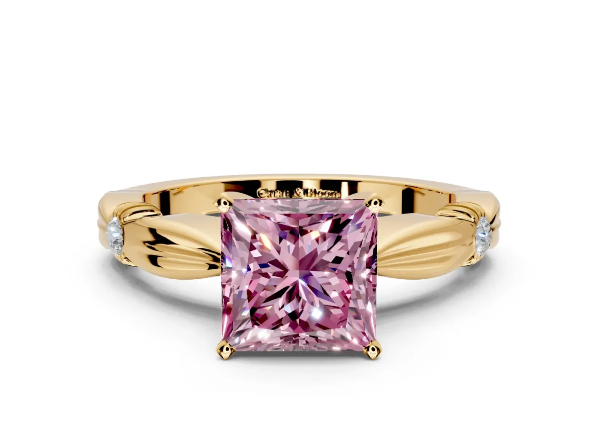 Solitaire Engagement Ring Setting for Fancy Pink Princess Cut Center with Carved Leaf Shoulders and Prong Head in Yellow Gold