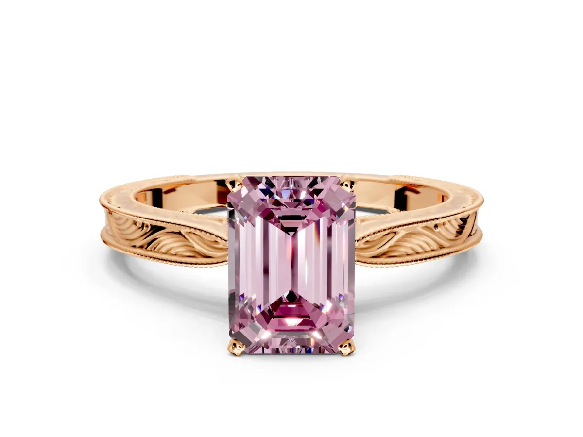 Solitaire Engagement Ring Setting for Fancy Pink Emerald Cut Center with Engraved Milgrain Band and Prong Head in Rose Gold