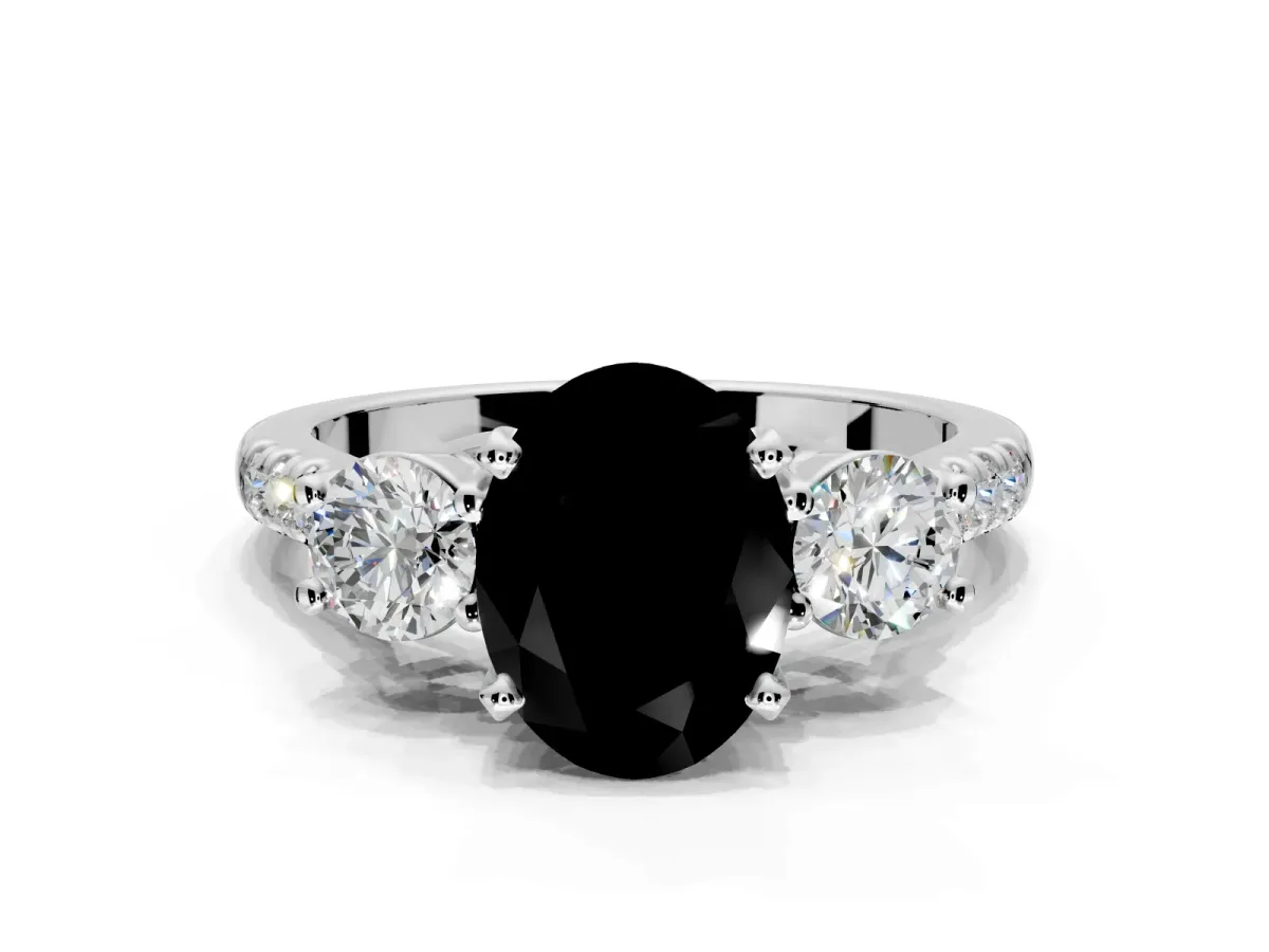 3 Stone Engagement Ring Setting for Fancy Black Oval Center with Crossover Basket, Pave Band and Prong Head in Sterling Silver