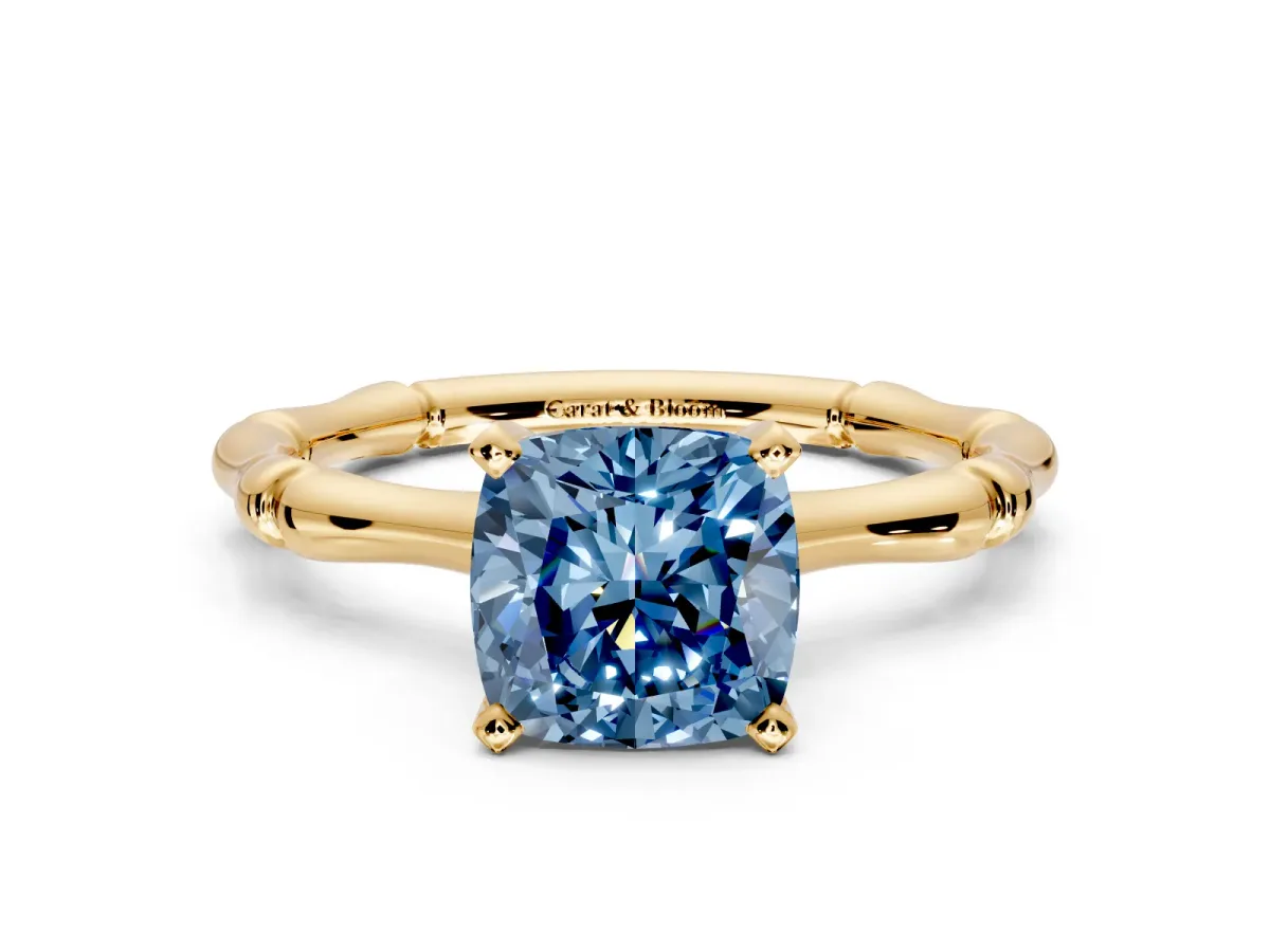 Solitaire Engagement Ring Setting for Fancy Blue Cushion Cut Center with Bamboo Band and Prong Head in Yellow Gold