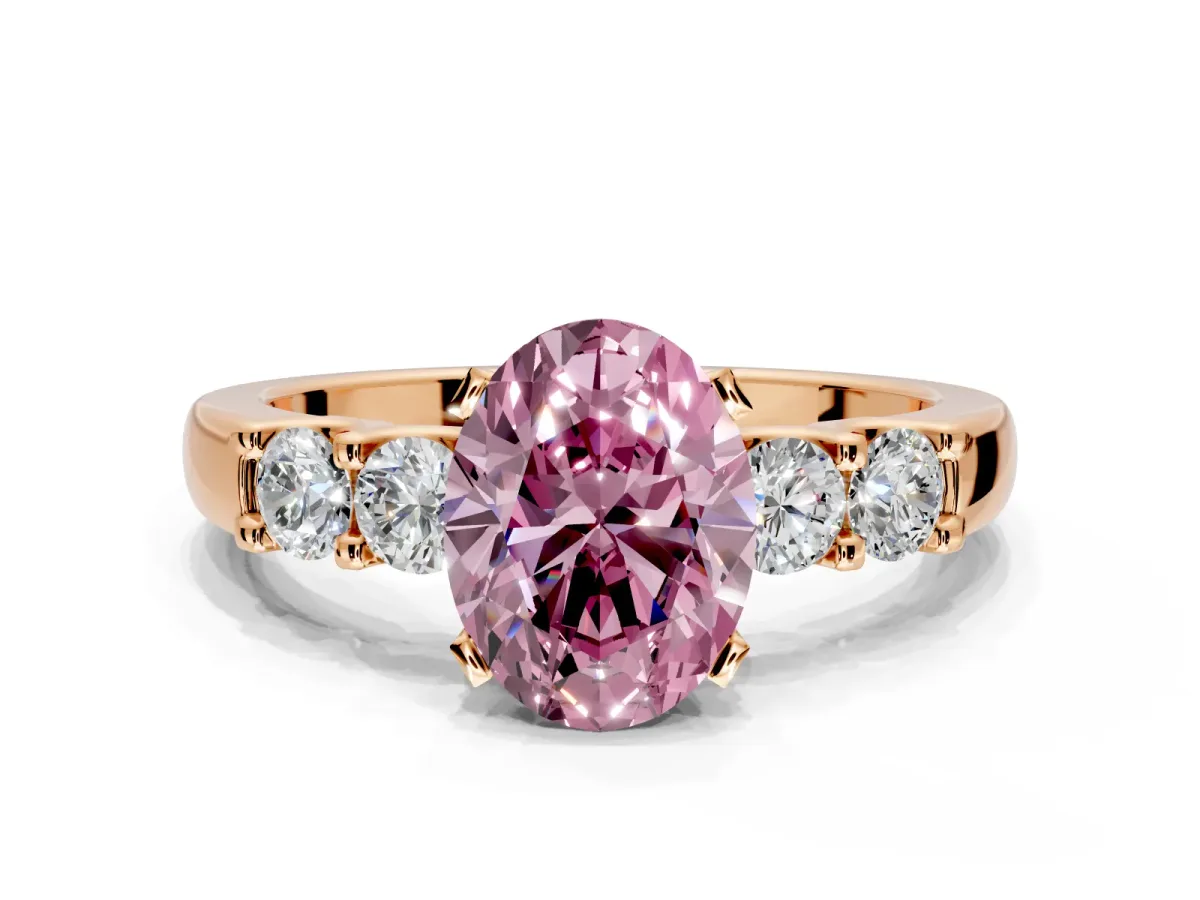 5 Stone Engagement Ring Setting for Fancy Pink Oval Center with Plain Band and Prong Head in Rose Gold