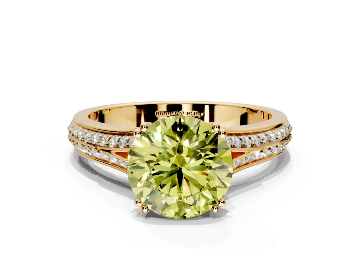 Solitaire Engagement Ring Setting for Fancy Yellow Round Cut Center with Pave Rail Split Shank and Prong Head in Yellow Gold