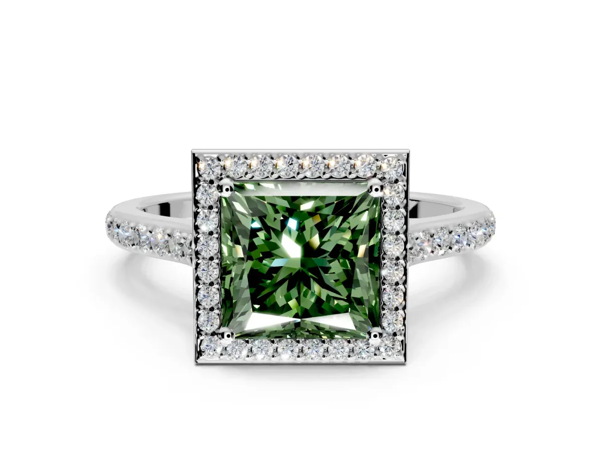 Halo Engagement Ring Setting for Fancy Green Princess Cut Center with Pave Accents, Heart Basket and Prong Head in Platinum