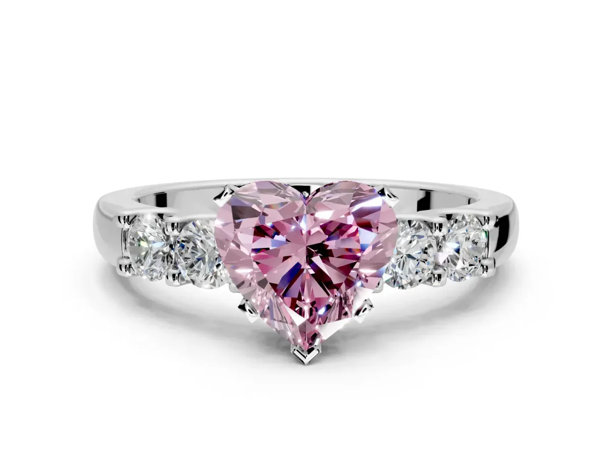 5 Stone Engagement Ring Setting for Fancy Pink Heart-Shaped Center with Plain Band and Prong Head in White Gold