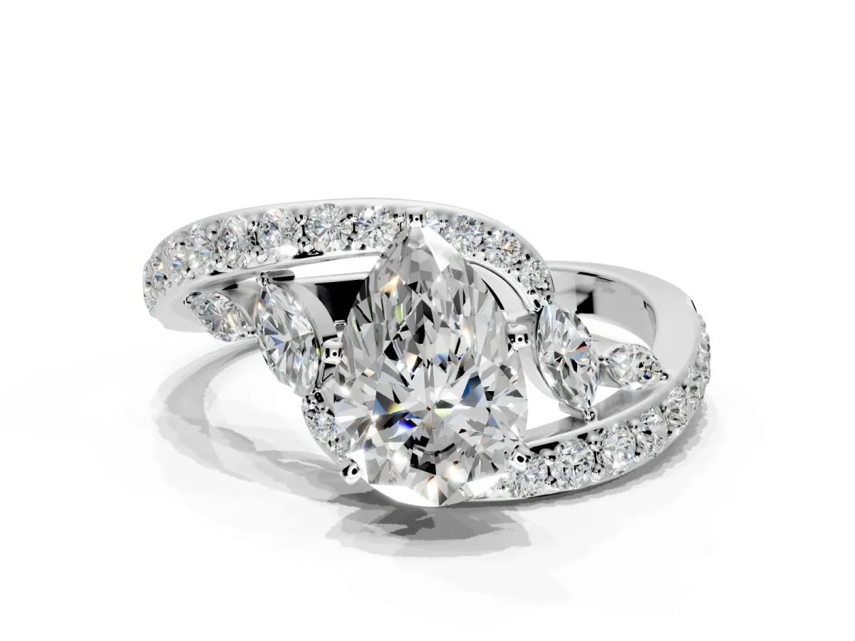 Solitaire Engagement Ring Setting for Pear-Shaped Center with Pave Bypass Twist Band and Prong Head in Platinum