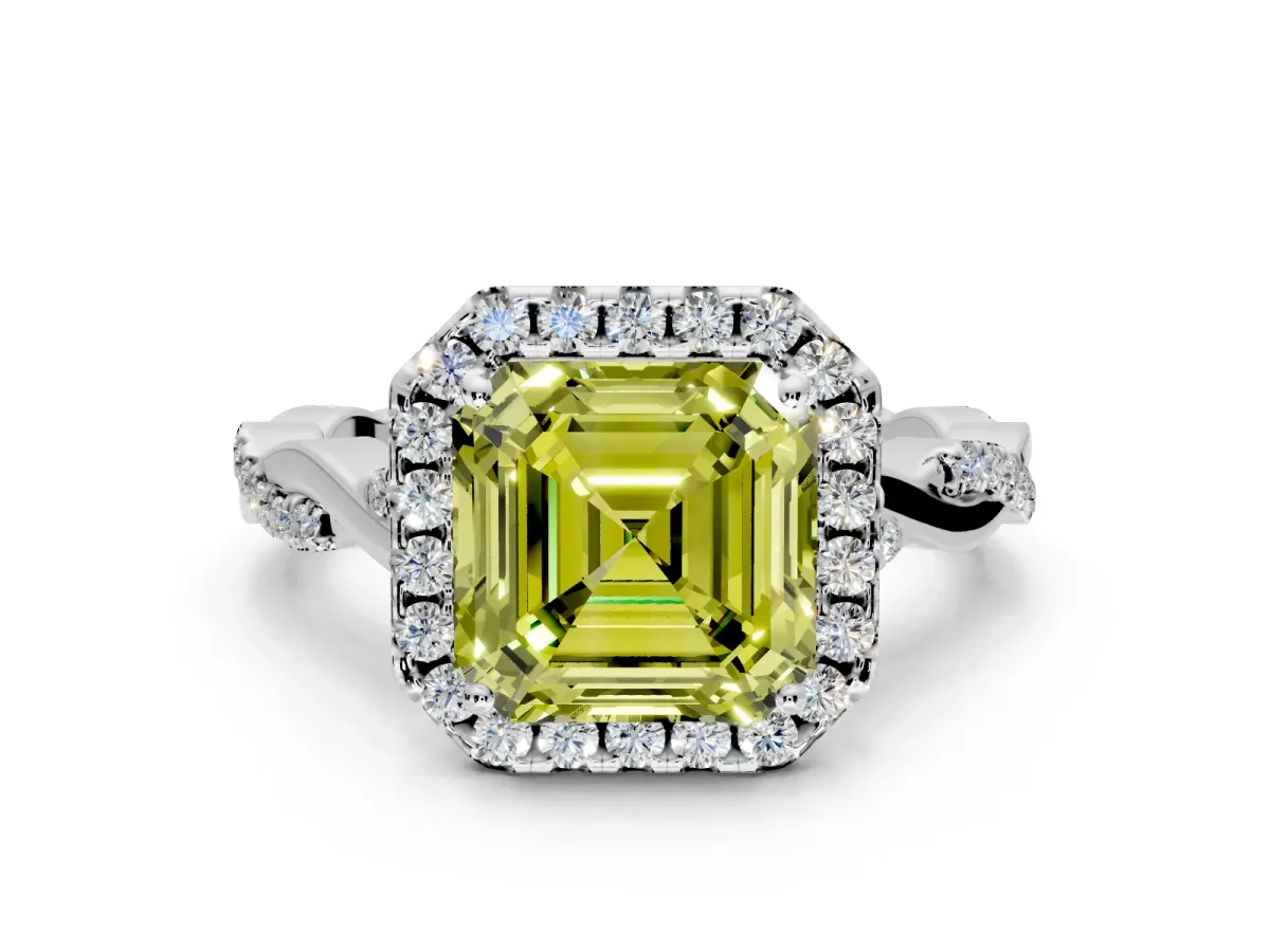 Halo Engagement Ring Setting for Fancy Yellow Asscher Cut Center with Twist Band and Prong Head in White Gold