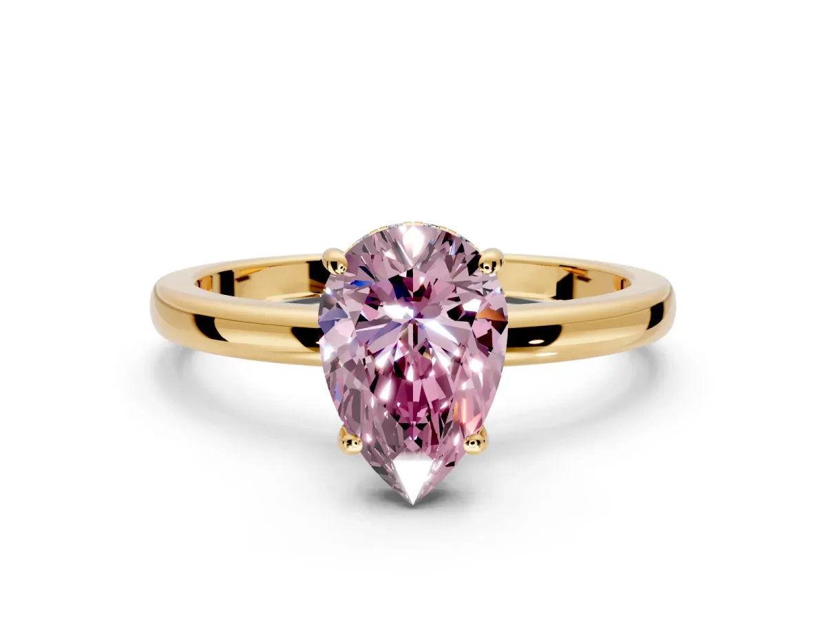 Solitaire Engagement Ring Setting for Fancy Pink Pear-Shaped Center with Fine Wire Band and Prong Head in Yellow Gold