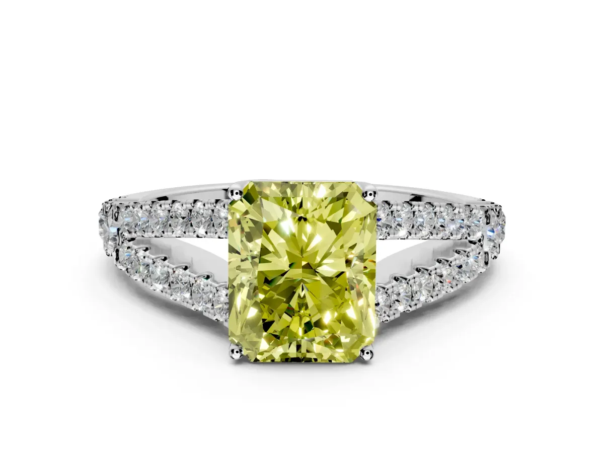 Solitaire Engagement Ring Setting for Fancy Yellow Radiant Cut Center with Pave Split Shank and Prong Head in Platinum