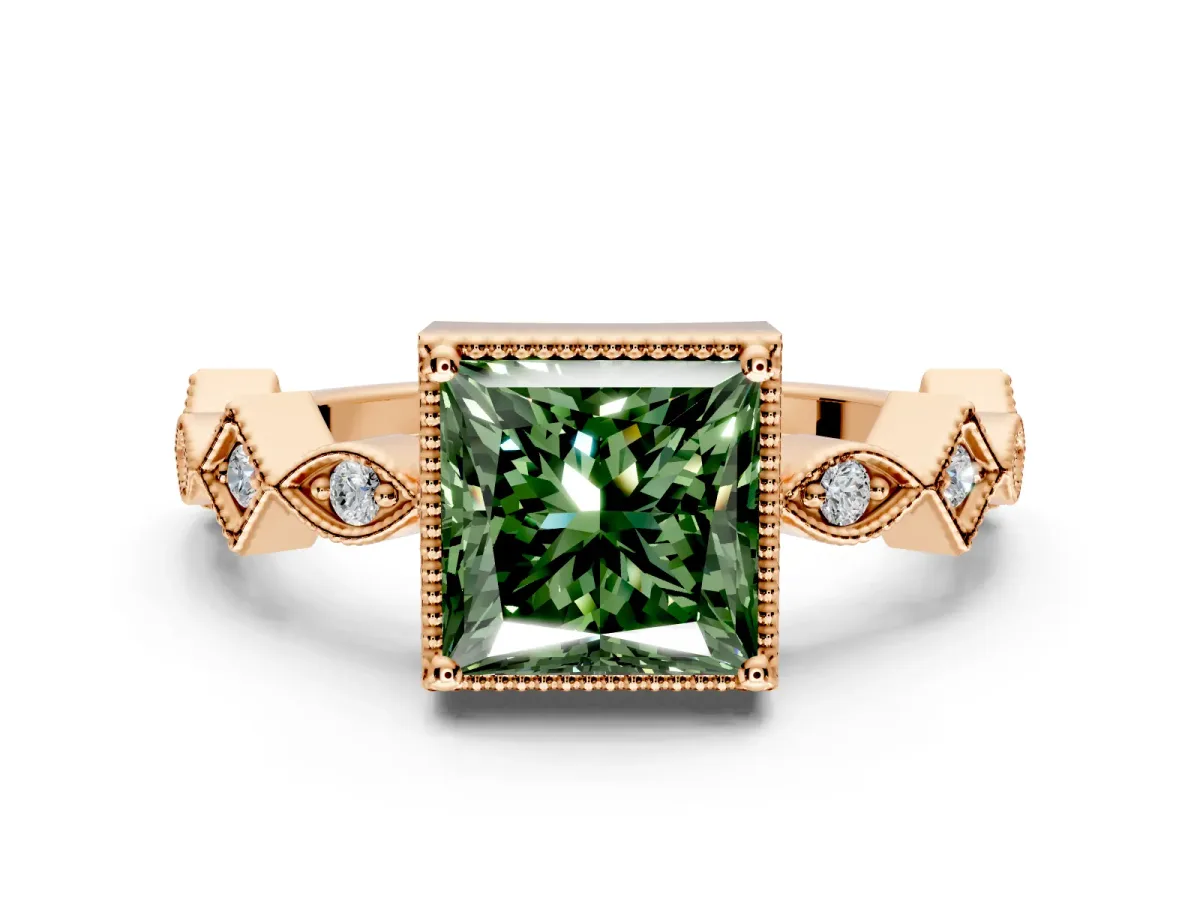 Milgrain Bezel Engagement Ring Setting for Fancy Green Princess Cut Center with Marquise Stations and Bezel Head in Rose Gold