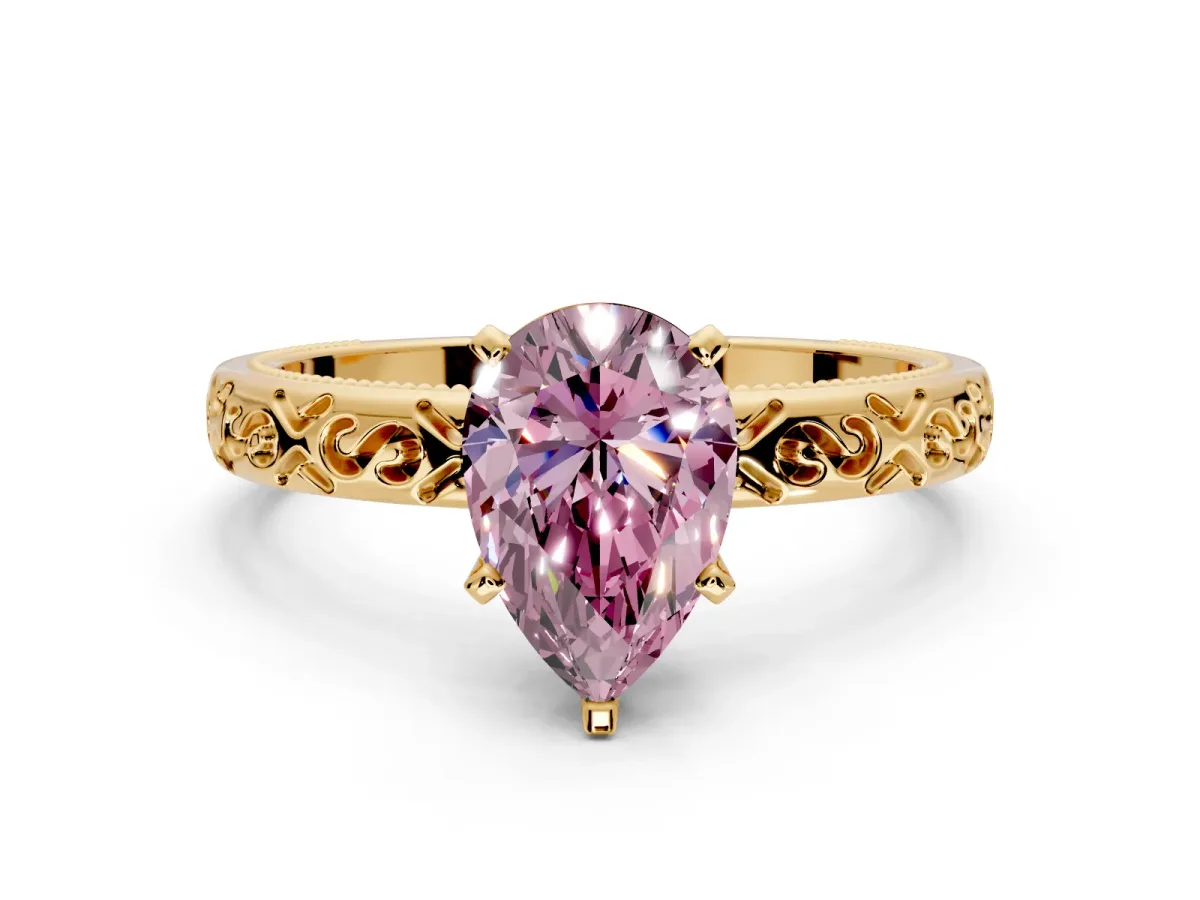 Solitaire Engagement Ring Setting for Fancy Pink Pear-Shaped Center with Scrollwork Band and Prong Head in Yellow Gold