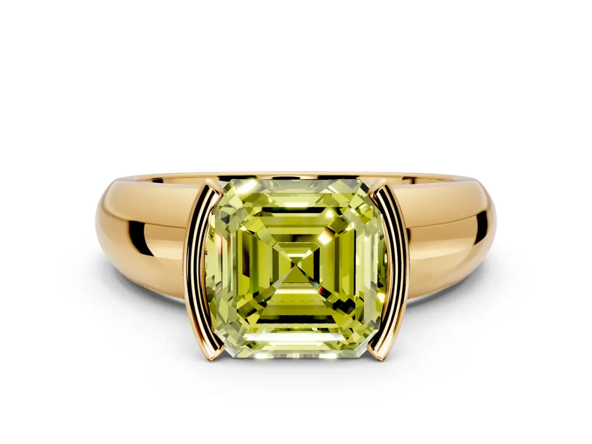Tension Engagement Ring Setting for Fancy Yellow Asscher Cut Center with Wide Flat Band and Tension Head in Yellow Gold