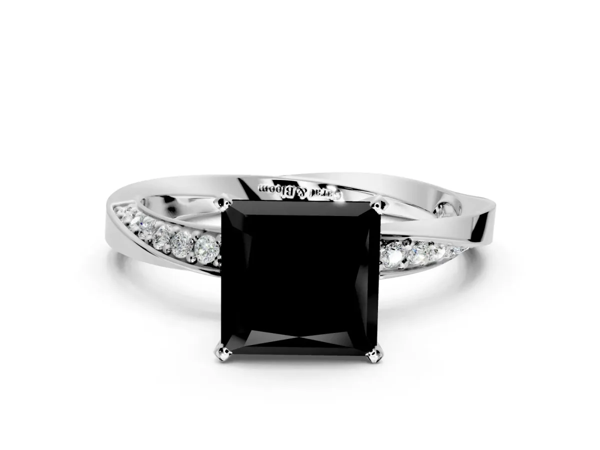 Side Accent Engagement Ring Setting for Fancy Black Princess Cut Center with Accent Shoulders and Prong Head in Platinum