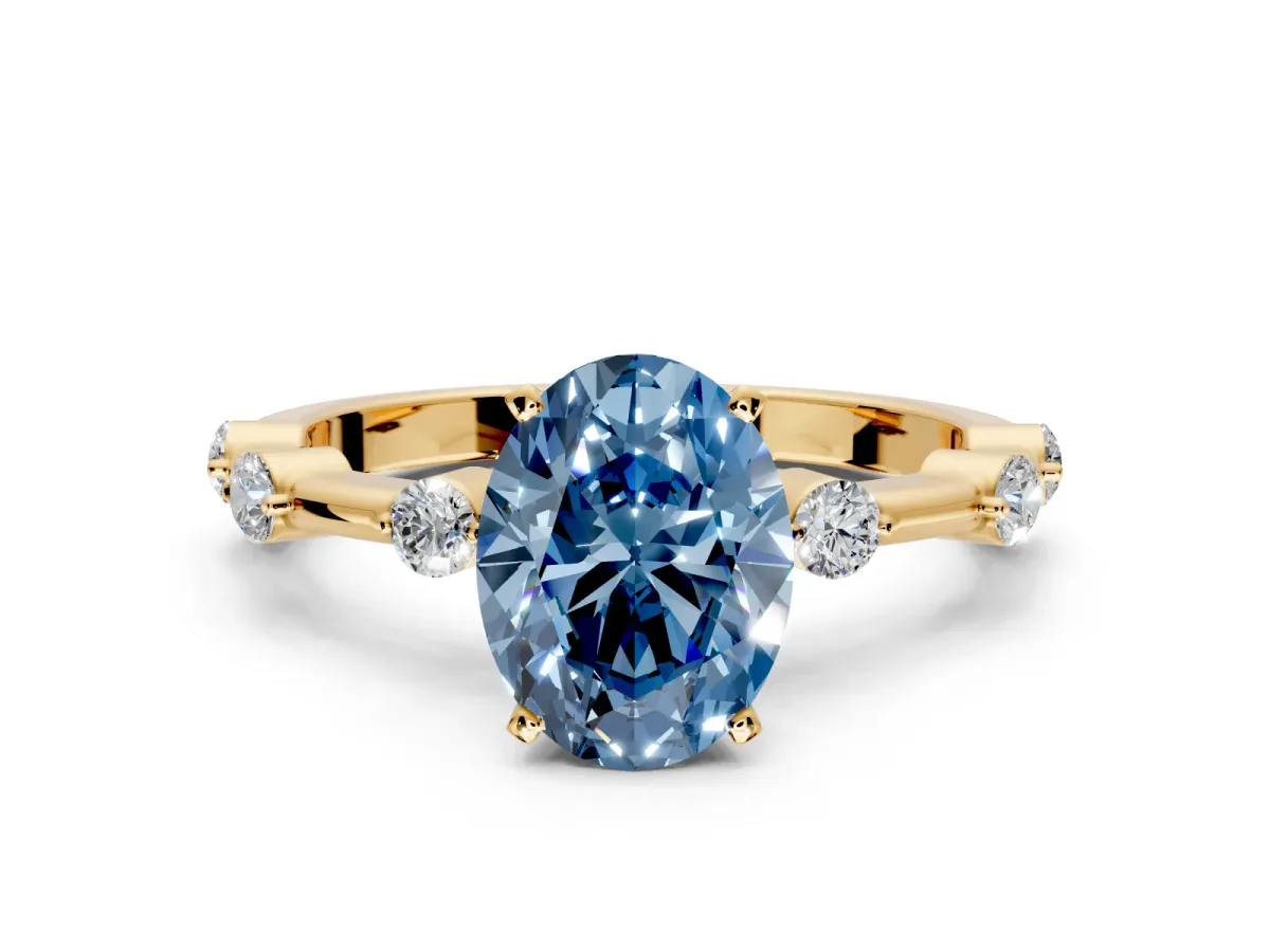 Solitaire Engagement Ring Setting for Fancy Blue Oval Center with Bezel Station Band and Prong Head in Yellow Gold