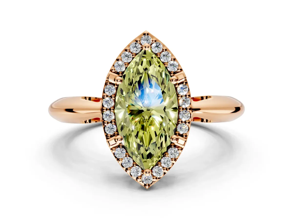 Halo Engagement Ring Setting for Fancy Yellow Marquise Center with Tapered Plain Band and Prong Head in Rose Gold