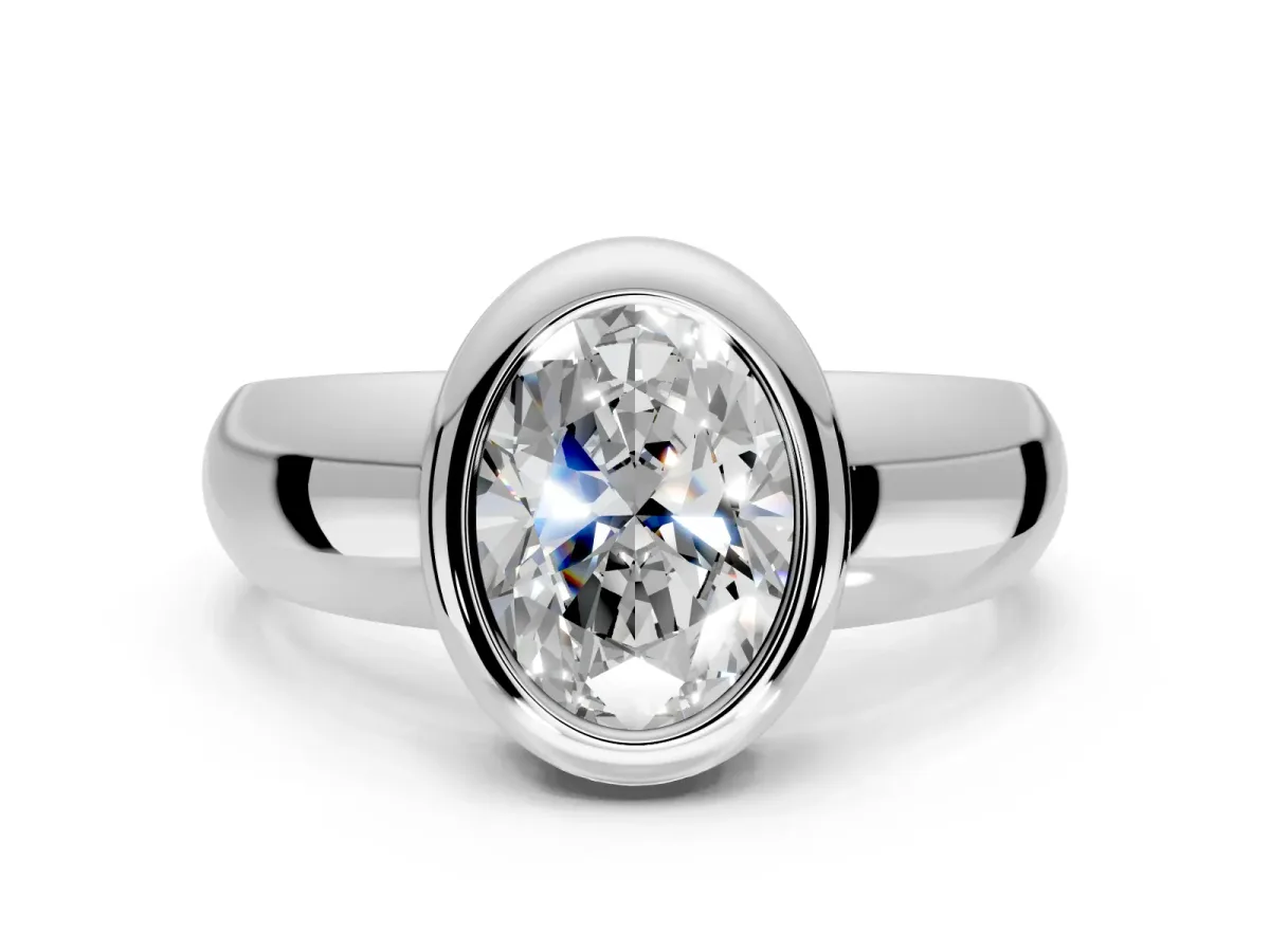 Solitaire Engagement Ring Setting for Oval Center with Wide Band and Bezel Head in Sterling Silver