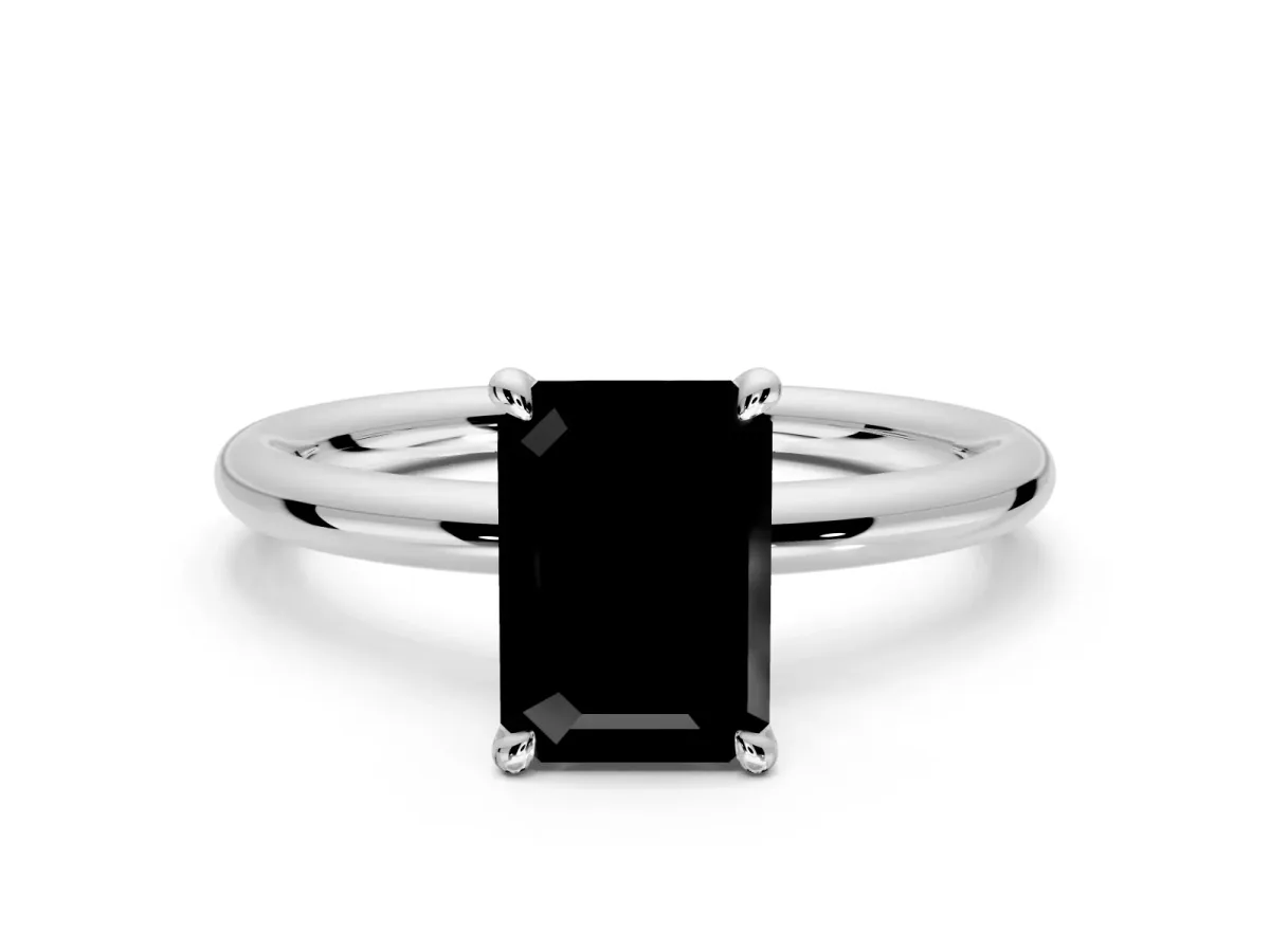 Hidden Halo Engagement Ring Setting for Fancy Black Emerald Cut Center with Thin Rounded Band and Prong Head in Sterling Silver