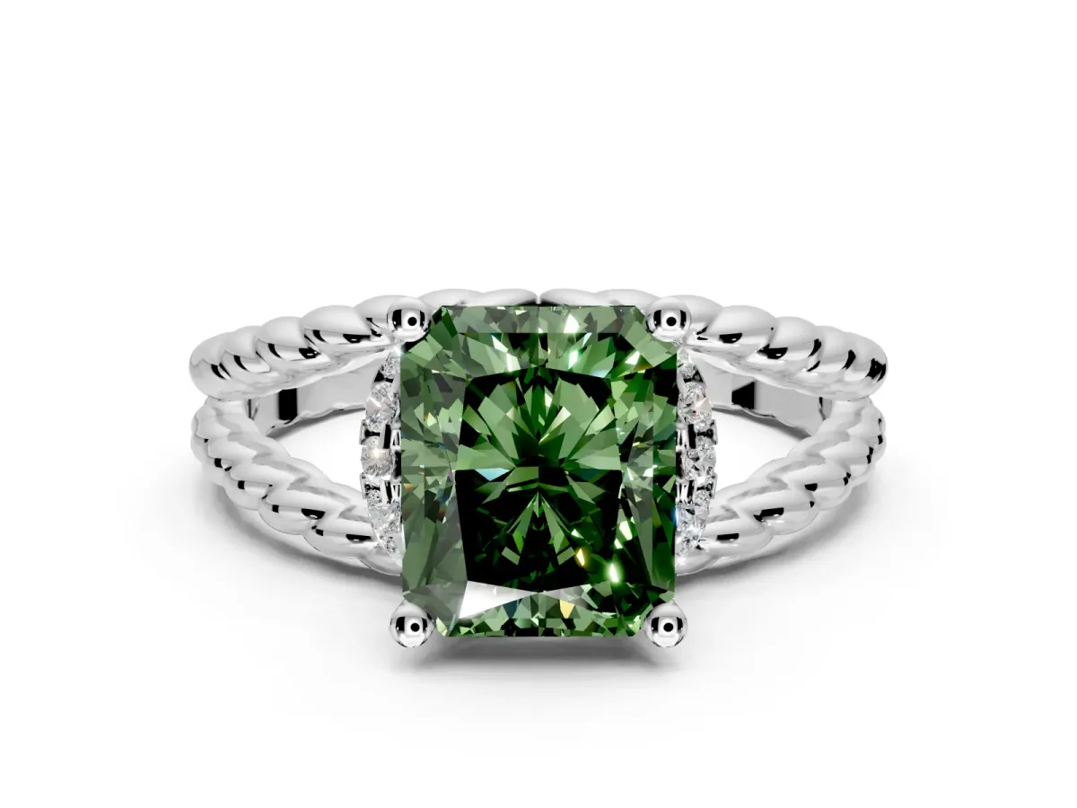 Halo Engagement Ring Setting for Fancy Green Radiant Cut Center with Rope Twist Split Shank and Prong Head in Sterling Silver