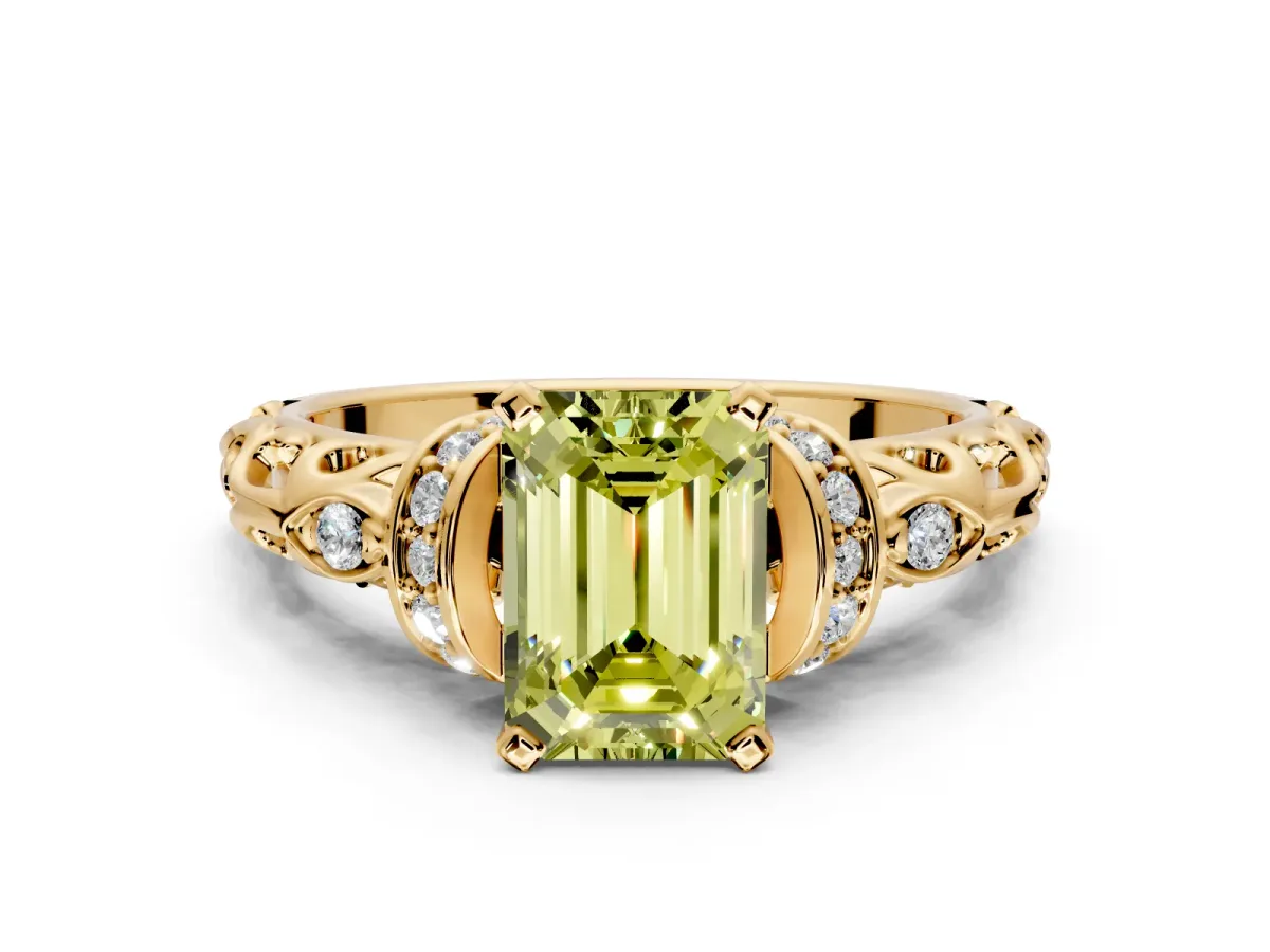 Solitaire Engagement Ring Setting for Fancy Yellow Emerald Cut Center with Filigree Band and Prong Head in Yellow Gold