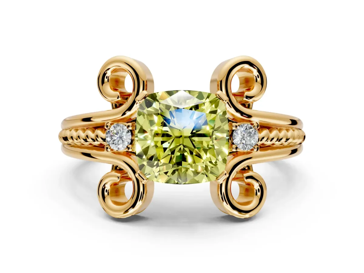 Solitaire Engagement Ring Setting for Fancy Yellow Cushion Cut Center with Twisted Band and Scroll Prong Head in Yellow Gold