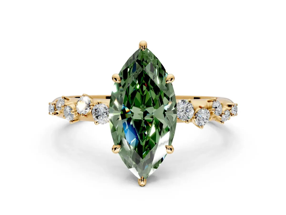 Cluster Engagement Ring Setting for Fancy Green Marquise Center with Round Cut Accent Band and Prong Head in Yellow Gold