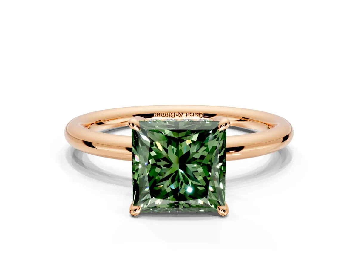 Hidden Halo Engagement Ring Setting for Fancy Green Princess Cut Center with Thin Rounded Band and Prong Head in Rose Gold