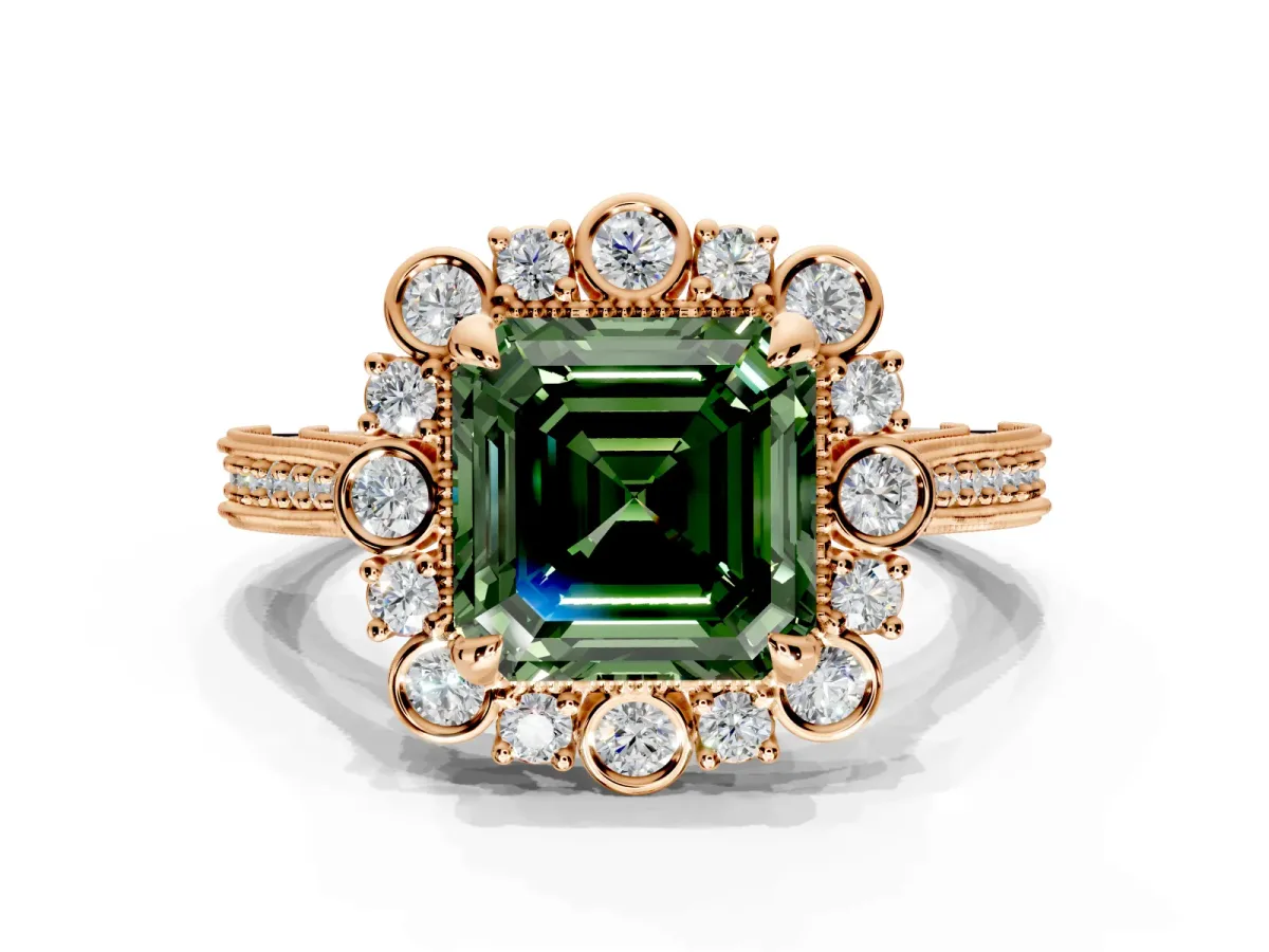 Milgrain Halo Engagement Ring Setting for Fancy Green Asscher Cut Center with Bezel Point Accents and Prong Head in Rose Gold