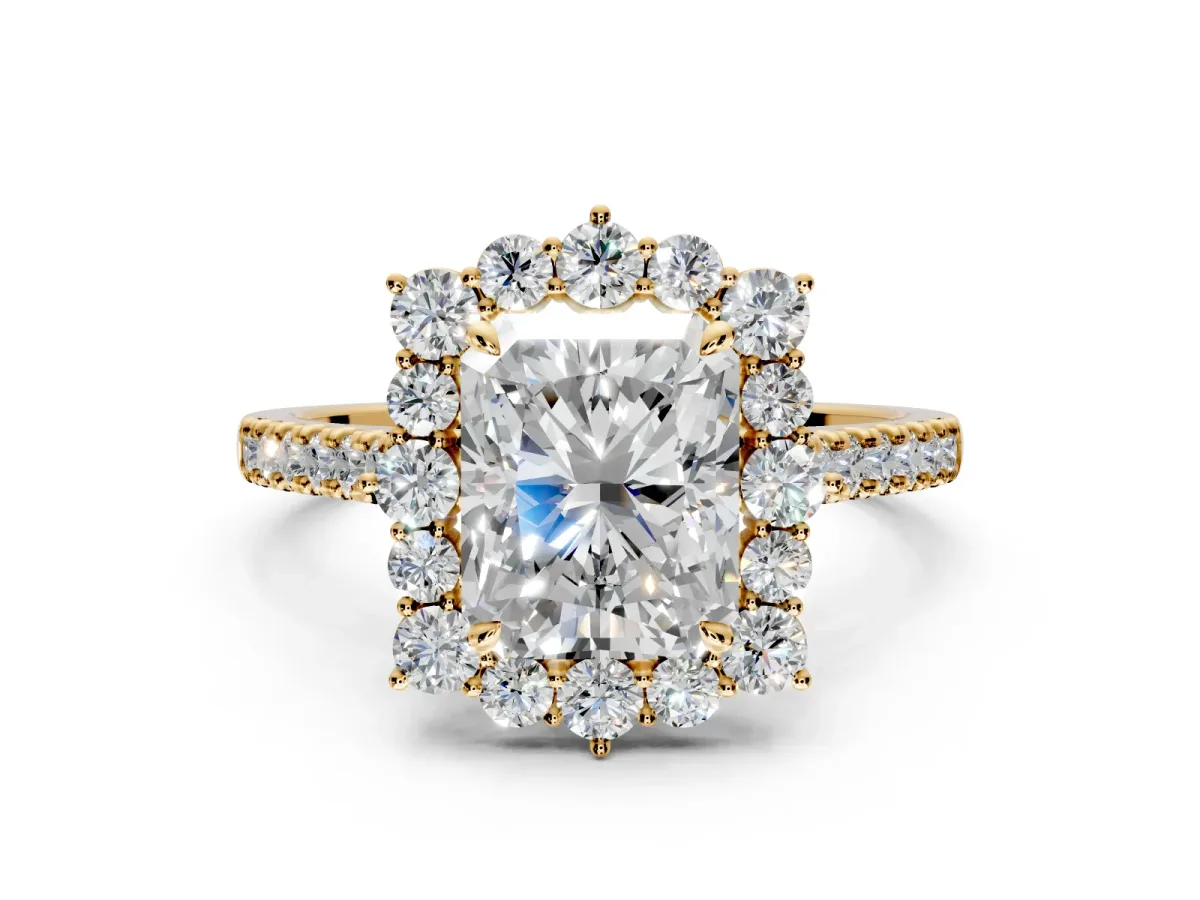 Halo Engagement Ring Setting for Radiant Cut Center with Single-Row Pave, Open Basket and Prong Head in Yellow Gold