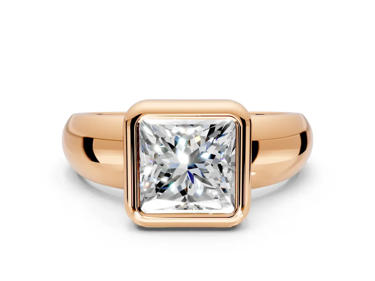 Solitaire Engagement Ring Setting for Princess Cut Center with Wide Band and Bezel Head in Rose Gold